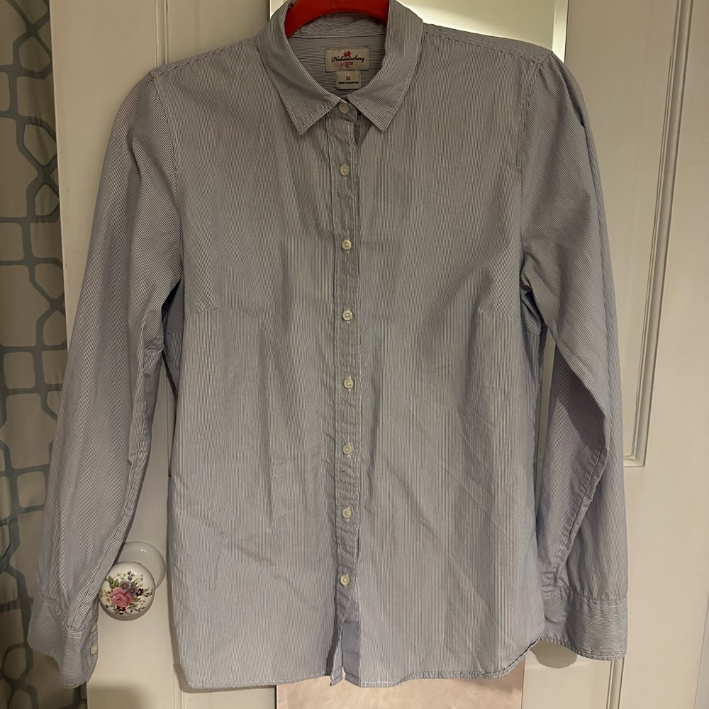Navy blue and white striped button down